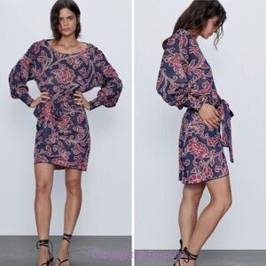 New! Zara Jacquard navy red long sleeve tie waist dress, women size S‎